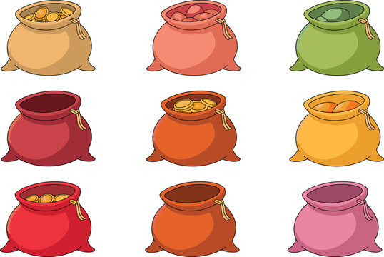 Flat Vector Video Game Item Sprites Featuring Multi Colored Canvas Pouches and Open Burlap Loot Sacks Stuffed with Gold Coins