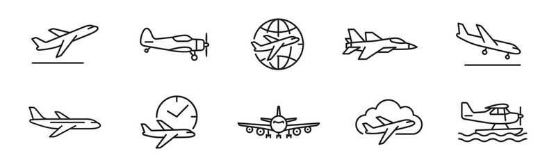 Commercial airplanes and aviation icon set. Takeoff, biplane, jet fighter, world flight route, global navigation, landing, time schedule, and sky sea operation. Vector illustration. © Roberto_Caravelli