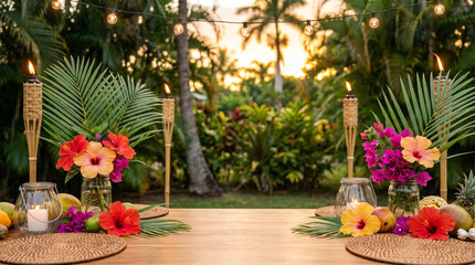Fototapeta premium Tropical dining table setting featuring colorful hibiscus flowers and tiki torches in a lush garden background during a warm and beautiful golden hour sunset light