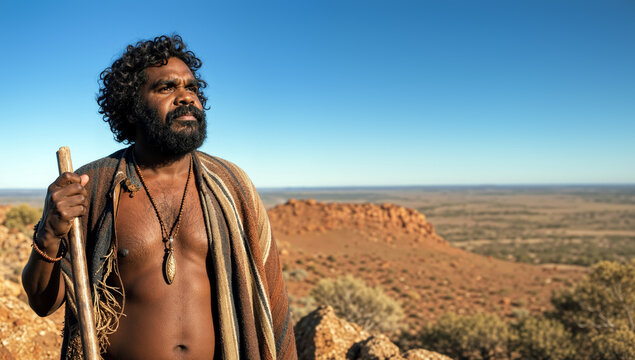 A proud Aboriginal Australian man stands against the vast desert outback landscape, looking into the distance while holding a traditional staff, representing indigenous culture and heritage.