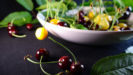 Freshly picked red and yellow cherries. Some resting in a white bowl and others scattered on a dark surface alongside green leaves © Dark Artistic
