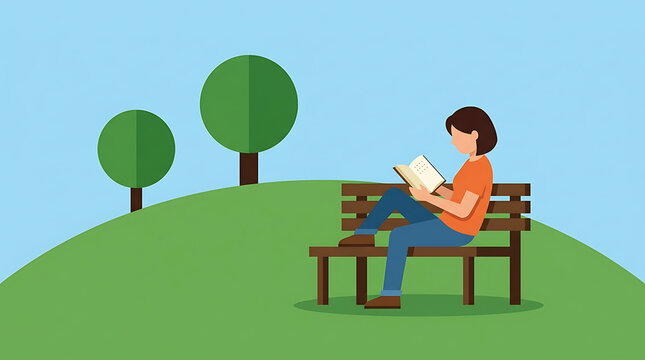 Young woman sitting on a wooden bench in a public park and reading a book, flat vector illustration
