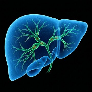 scan of gallstones obstructing bile ducts within the liver, showing the intricate network of bile ducts in green, with crystalline or jagged stone-like forms causing blockages.