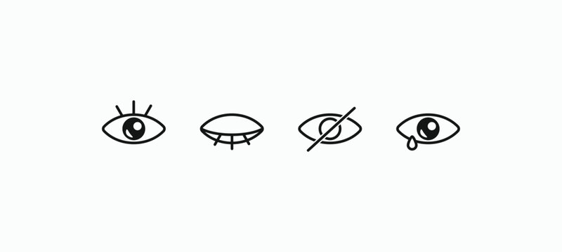 Four eye icons show different conditions. One is alert with sharp lashes. Another has visible stitches. Third appears damaged with a slash. The fourth weeps a single tear