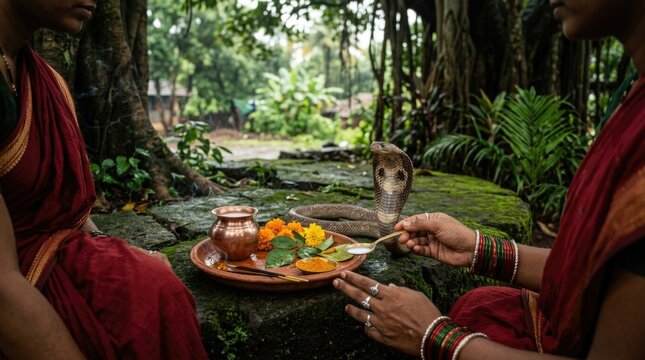 Indian woman offering fresh milk to a live cobra snake during the sacred nag panchami festival, traditional hindu ritual worship, using marigold flower, turmeric powder on mossy stone.