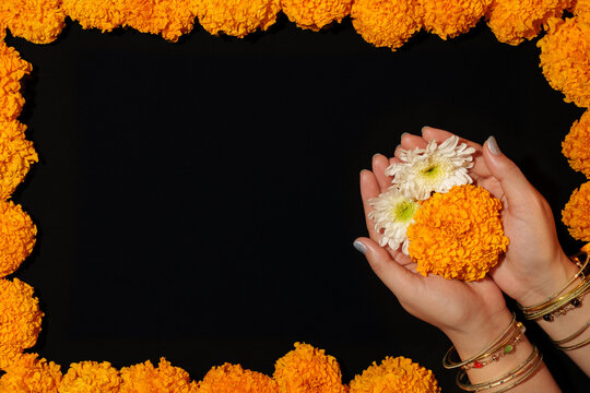 Cropped hands holding marigold flowers with floral frame for Diwali greeting