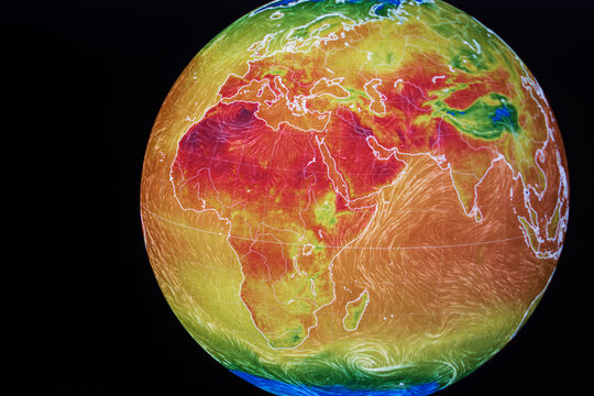 Global satellite weather map illustrating extreme heatwaves, rising temperatures, and global warming effects across Africa, Europe, and Asia. A powerful visual concept of the climate change crisis.