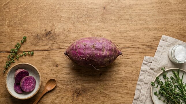 Fresh purple sweet potato on rustic wooden table.