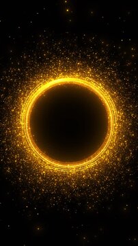 Luxury gold sparkle circle background glowing rim, floating specks, and dramatic dark copy space. gala events, ceremony screens, invitation videos, holiday openers, cinematic titles, animated loops.