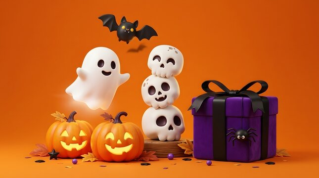 3d halloween composition with pumpkins, ghosts, skulls, and gift box