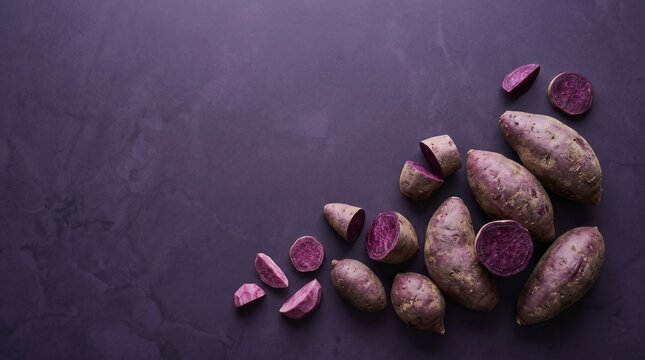 Fresh purple sweet potatoes on dark slate background.