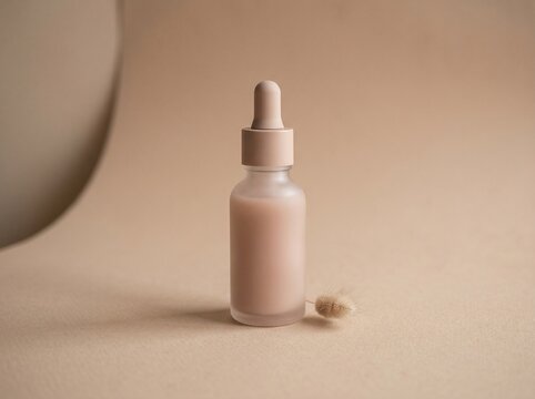 Skincare serum bottle on beige background. Cosmetic dropper product for beauty treatment.