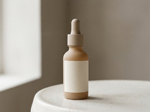 Skincare serum bottle with dropper. Blank cosmetic packaging for beauty product branding.