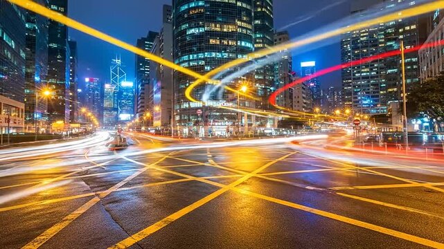 A busy city intersection at night with vibrant light trails from moving vehicles
