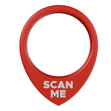 Red map pin location pointer icon with scan me text for qr code frame badge, 3d render illustration