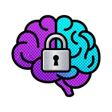 Human brain with padlock pop art illustration.