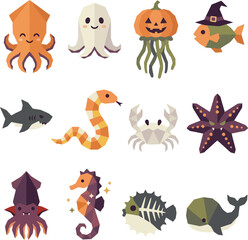 Fototapeta premium Collection of cute polygonal sea creatures and halloween ocean themed graphic illustrations.