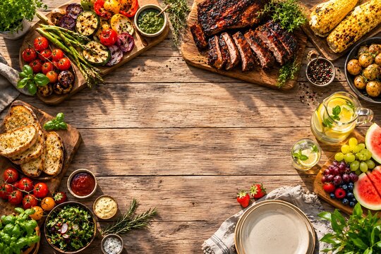 Abundant Summer Barbecue Feast with Grilled Meats and Fresh Produce on Rustic Wooden Table