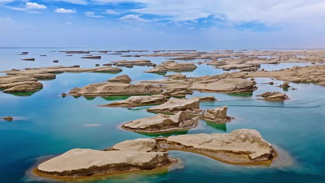 Aerial view of the water yardang landform with turquoise lake water under a sunny sky in Qinghai, China