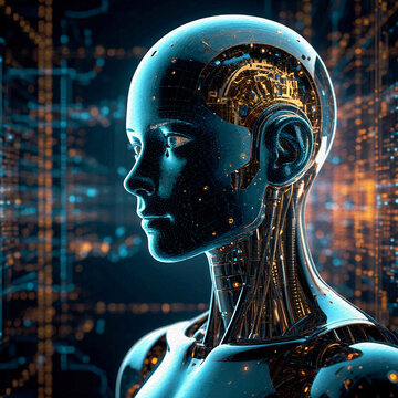 Concept of artificial intelligence, Digital illustration, blue face of the main character, the personification of quantum AI, Shining threads of neural connections, monitors, perspective, cyberpunk.