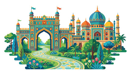 Indian Palace Illustration With Gardens And Winding Pathway © Mizanur