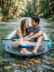 Fototapeta premium Active Young Couple Paddling Clear Bottom Canoe Through Scenic Forest River