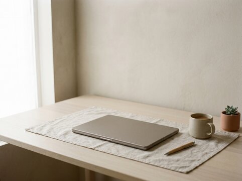 Closed laptop on a desk. Modern workspace with morning light and coffee cup.
