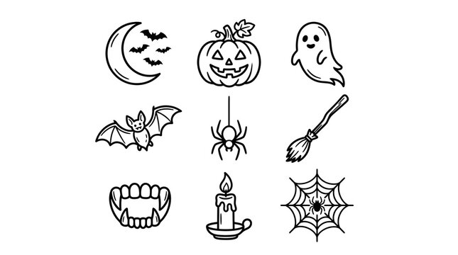 Set of handdrawn halloween icons including pumpkin, ghost, bat, and spider