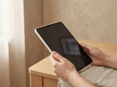 Person holding a digital tablet. Blank screen device for mockup design in morning light.