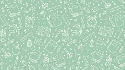 Seamless pattern with cute school supplies and stationery items on a soft pastel mint green background for educational designs and kids wallpaper projects or creative wrapping paper print
