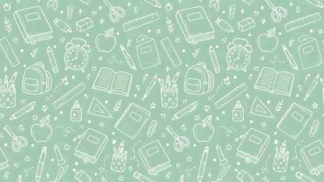 Seamless pattern with cute school supplies and stationery items on a soft pastel mint green background for educational designs and kids wallpaper projects or creative wrapping paper print