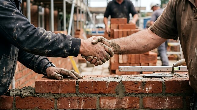Bricklayers shaking hands at construction site. Builders finishing new brick wall project.