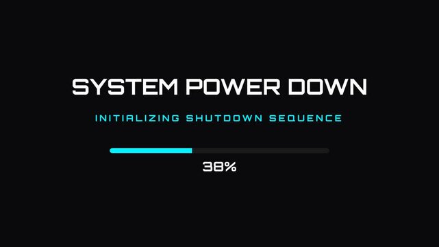 System power down, progress bar with percentage display, technology interface with shutdown sequence, symbolizing system failure, shutdown process.