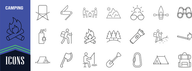Hiking camping adventure vector icons. tent icon set, backpack icon set, campfire icon set © Liza