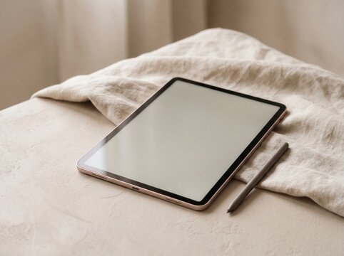 Blank tablet on linen bedsheet ready for digital use. Empty touchscreen device displaying white screen for app design or note-taking.