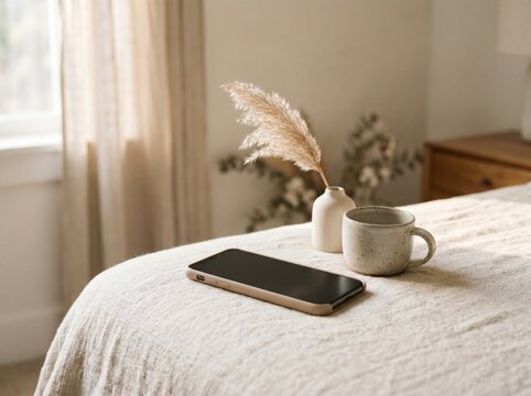 Minimalist bedroom workspace with smartphone on linen bed. Cozy morning routine setup with neutral tones and natural light.