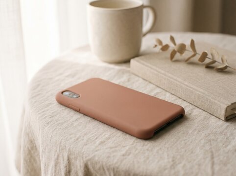 Smartphone on a beige table. Minimalist mobile phone with coffee and book.