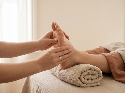 Professional foot massage in a spa. Therapist performing reflexology on a client's feet.