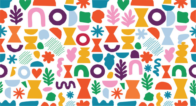 Mid century abstract geometric shape pattern. retro arches, boho leaves, hourglass forms, half circles. for trendy fabric prints, modern wallpaper rolls. seamless flat vector background.