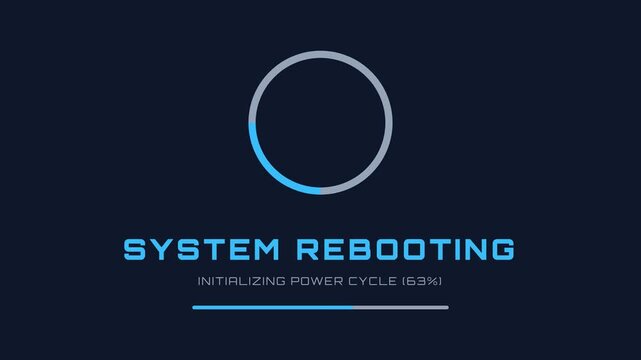 System rebooting animation, rotating blue loading circle with percentage progress bar, dark background, symbolizing technology and innovation, representing system update, for technology and business