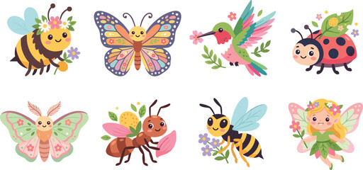 Whimsical cartoon insects and fairy including bee, butterfly, hummingbird, ladybug, moth, ant, and fantasy character illustration © Rony