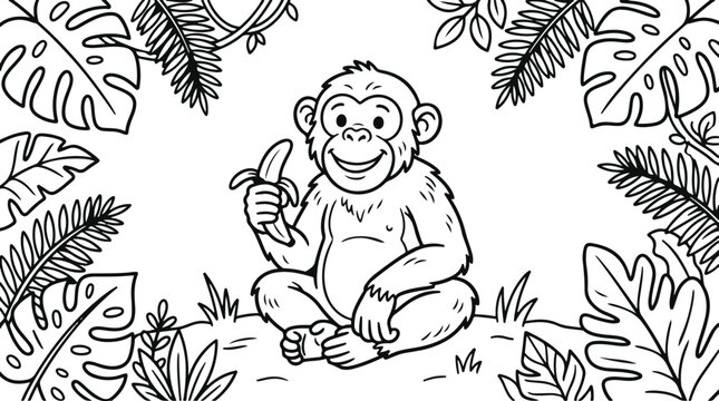Happy monkey eating banana in jungle setting