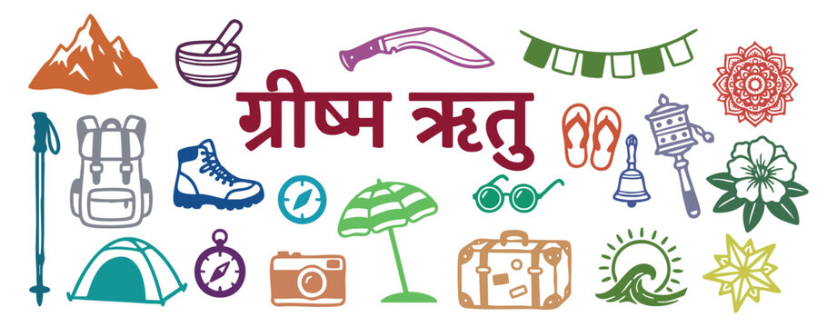 Himalayan summer travel outline icons. mountain, kukri, prayer flags, singing bowl, backpack, tent, camera. for nepal tourism brochures, holiday souvenirs. colorful line vector art.