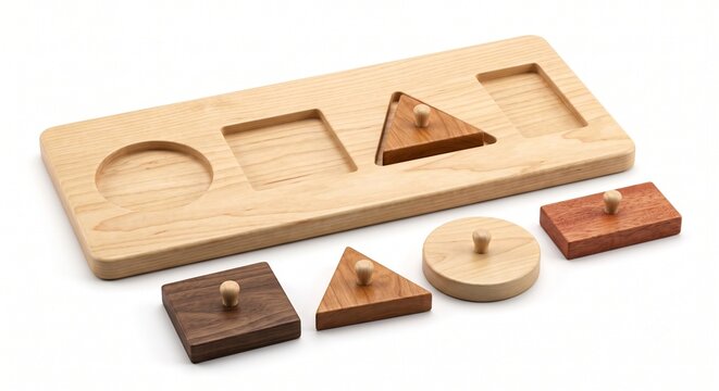 Wooden shape sorter puzzle with various geometric blocks for children's educational play and development.