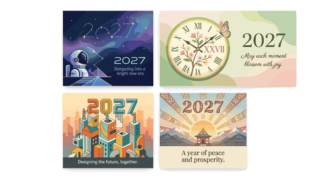 Set of four creative 2027 new year greeting card designs featuring space exploration, floral clock, urban construction, and peaceful mountain landscape themes