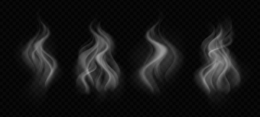 Steam from hot coffee cup with realistic smoke effect. White campfire fume swirls isolated on black background. Magic vapor and transparent water mist for food and drink design overlays.