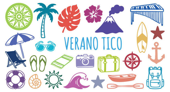 Costa rican summer travel doodle icons. volcano, palm tree, monstera leaf, surfboard, marimba, backpack. for tropical tourism brochures, central america holiday flyers. outline vector art.