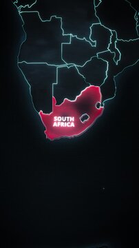 3D map of South Africa, Africa, featuring a national flag on a pole, extruded borders, and white typography over a blue ocean background for vertical mobile promos.
