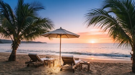 Obraz premium Relaxing sunset view with two wooden lounge chairs and umbrella on a tropical sandy beach shore