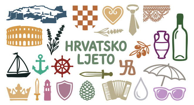 Croatian summer travel doodle icons. dubrovnik skyline, pula arena, necktie, licitar heart, sailboat, amphora, checkerboard shield. for european tourism brochures. outline line vector art.